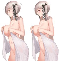 Rule 34 | 1girl, after bathing, azur lane, blush, breasts, btraphen, cleavage, covering nipples, covering privates, formidable (azur lane), grey hair, groin, hair ribbon, highres, holding, holding towel, large breasts, long hair, looking at viewer, navel, nude, open mouth, red eyes, ribbon, simple background, towel, twintails, two-tone ribbon, very long hair, wet, white background