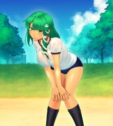 Rule 34 | 1girl, alternate costume, aura, bad id, bad pixiv id, blue sky, bra, breasts, building, buruma, cloud, day, female focus, frog hair ornament, grass, green eyes, green hair, gym uniform, hair ornament, hair tubes, hands on own knees, hip focus, kneehighs, kochiya sanae, large breasts, leaning forward, lips, long hair, looking at viewer, matching hair/eyes, nose, outdoors, see-through, sky, smile, snake hair ornament, socks, solo, sweat, thighs, tonoa, touhou, tree, underwear, wet, wet clothes