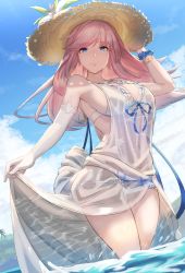 Rule 34 | absurdres, bare shoulders, bikini, blue eyes, breasts, closed mouth, dress, elbow gloves, gabriel (granblue fantasy), gloves, granblue fantasy, hat, highres, in water, kuyabudz, large breasts, looking at viewer, navel, outdoors, pink hair, scrunchie, see-through, sideboob, single elbow glove, skirt hold, sleeveless, sleeveless dress, smile, standing, straw hat, swimsuit, thighs, wading, water, white bikini, white dress, wrist scrunchie