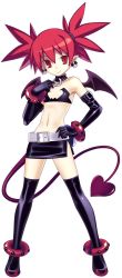Rule 34 | 1girl, armpits, bandeau, bare shoulders, bat wings, belt, black thighhighs, boots, choker, cross edge, demon girl, demon tail, demon wings, disgaea, earrings, elbow gloves, etna (disgaea), flat chest, full body, gloves, hair between eyes, hand on own hip, harada takehito, highres, jewelry, legs apart, midriff, mini wings, miniskirt, nippon ichi, official art, pencil skirt, pointy ears, red eyes, red hair, simple background, skirt, skull, smile, solo, spiked hair, standing, tail, thigh boots, thighhighs, twintails, white background, wings, zettai ryouiki