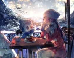 Rule 34 | 1girl, blue eyes, bonnet, coat, coat dress, creatures (company), cup, dawn (pokemon), day, food, game freak, gen 4 pokemon, hair ornament, hairclip, hat, holding, holding cup, lens flare, naru (andante), nintendo, outdoors, piplup, poke ball print, pokemon, pokemon (creature), pokemon dppt, red coat, scarf, sunset, teacup, thighhighs, white headwear, white scarf, white thighhighs, winter, winter clothes