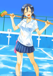 Rule 34 | 1girl, :d, black hair, broom, empty pool, closed eyes, happy, legs, mop, open mouth, original, pool, sakamoto atsumu, short twintails, skirt, smile, solo, twintails, wet, wet clothes