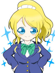 Rule 34 | 1girl, artist request, ayase eli, blonde hair, blue eyes, blush, bow, bowtie, buttons, collared shirt, earrings, female focus, hair bow, hand on own hip, jewelry, loafers, long hair, looking at viewer, love live!, love live! school idol project, neckwear request, otonokizaka school uniform, ponytail, school uniform, scrunchie, shirt, shoes, short hair, short sleeves, smile, solo, striped, striped bow, sweater vest, vest, white background, white scrunchie