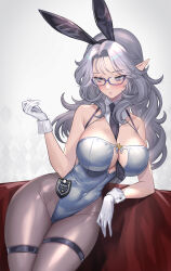 Rule 34 | 1girl, animal ears, breasts, cleavage, cleavage cutout, clothing cutout, fake animal ears, glasses, gloves, grey eyes, grey hair, highres, hitowa, large breasts, leotard, original, playboy bunny, pointy ears, rabbit ears, solo, white gloves