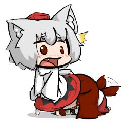 Rule 34 | 2girls, ^^^, animal ears, bad id, bad pixiv id, blush, brown eyes, brown hair, chibi, fang, hat, head under skirt, heavy breathing, imaizumi kagerou, inubashiri momiji, inunoko., long sleeves, multiple girls, open mouth, shirt, silver hair, simple background, skirt, smelling, surprised, tail, tail wagging, tokin hat, touhou, white background, wide sleeves, wolf ears, wolf tail