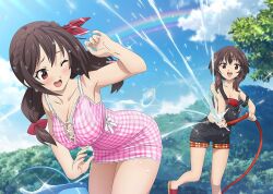 Rule 34 | 2girls, :d, armpits, artist request, bandeau, bare legs, bare shoulders, bent over, black overalls, blue sky, blush, bow, braid, breasts, brown hair, bucket, bucket of water, casual, cleavage, cloud, collarbone, cowboy shot, crown braid, day, dress, dress bow, dropping, feet out of frame, foliage, foot up, hair between eyes, hair bow, hair ribbon, hand up, hill, holding, holding hose, hose, kono subarashii sekai ni bakuen wo!, kono subarashii sekai ni shukufuku wo!, lace-up top, large breasts, leaning forward, long hair, looking at another, looking back, low twintails, megumin, midriff peek, multiple girls, non-web source, official art, one eye closed, open mouth, outdoors, overall shorts, overalls, plaid, plaid bow, playing, promotional art, rainbow, raised eyebrows, red bandeau, red bow, red eyes, red pupils, ribbon, sandals, short dress, short hair, short hair with long locks, sidelocks, sky, sleeveless, sleeveless dress, small breasts, smile, sparkle, splashing, standing, strap slip, sundress, thigh gap, tree, twintails, water, water drop, wet, wet hair, white bow, yunyun (konosuba)