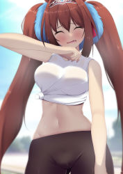 Rule 34 | 1girl, ashino moto, bare arms, bare shoulders, black pants, blue sky, breasts, cloud, commentary request, cowboy shot, crop top, daiwa scarlet (umamusume), day, groin, highres, large breasts, leggings, midriff, navel, outdoors, pants, shirt, sky, sleeveless, sleeveless shirt, solo, standing, stomach, tiara, tied shirt, twintails, umamusume, white shirt