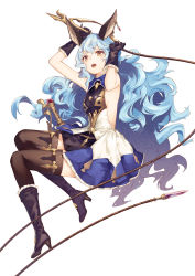 Rule 34 | 10s, 1girl, animal ears, belt, belt skirt, black gloves, black thighhighs, blue hair, blue skirt, boots, breasts, brown eyes, cape, dress, earrings, erune, ferry (granblue fantasy), gloves, granblue fantasy, highres, jewelry, la-na, long hair, looking at viewer, open mouth, rabbit ears, simple background, skirt, sleeveless, sleeveless dress, small breasts, solo, thighhighs, wavy hair, weapon, whip, white background
