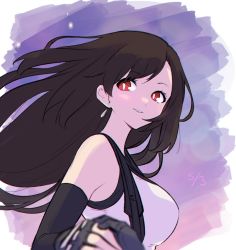 Rule 34 | 1girl, bare shoulders, black hair, breasts, brown hair, crop top, dated, detached sleeves, earrings, final fantasy, final fantasy vii, final fantasy vii remake, fingerless gloves, gloves, highres, holding hands, jewelry, large breasts, long hair, mao (expuella), red eyes, square enix, tank top, tifa lockhart, upper body, white tank top