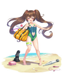 Rule 34 | 1boy, androgynous, artificial vagina, bag, bare legs, bare shoulders, barefoot, beach, blush, brown hair, bulge, clothing cutout, dildo, embarrassed, erection, erection under clothes, full body, green one-piece swimsuit, heart cutout, highres, holding, holding bag, licking lips, lilith-soft, long hair, long twintails, looking at viewer, male focus, naughty face, navel, navel cutout, nipple cutout, nipples, obui, ocean, one-piece swimsuit, open mouth, petite, pink eyes, puffy nipples, sand, sex toy, shiny skin, skirt, solo, standing, swimsuit, taimanin (series), taimanin asagi, taimanin rpgx, toes, tongue, tongue out, trap, twintails, uehara shikanosuke, very long hair, vibrator, water