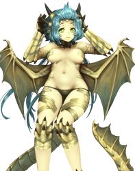 Rule 34 | 1girl, :3, barbariank, black panties, blue hair, breasts, breasts apart, bronze dragon (d&amp;d), colored skin, dragon girl, dragon tail, dragon wings, dungeons &amp; dragons, green eyes, highres, horns, long hair, looking at viewer, low twintails, medium breasts, monster girl, navel, panties, personification, scales, slit pupils, solo, tail, topless, transparent background, twintails, underwear, underwear only, wings, yellow skin