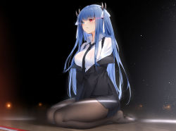 Rule 34 | 1girl, alternate costume, azur lane, black background, black pantyhose, black suit, blue hair, blunt bangs, bow, commentary request, formal, hair bow, hair ribbon, heterochromia, highres, horns, ibuki (azur lane), long hair, long sleeves, maya g, necktie, office lady, pantyhose, pencil skirt, ribbon, seiza, sidelocks, simple background, sitting, skirt, solo, suit, two side up, v arms