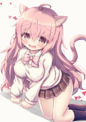 Rule 34 | 1girl, absurdres, ahoge, all fours, animal ear fluff, animal ears, bad id, bad pixiv id, black socks, blush, bow, breasts, brown eyes, brown skirt, cat ears, cat girl, cat tail, collared shirt, commentary request, dress shirt, fang, grey background, hair between eyes, highres, kneehighs, large breasts, long hair, long sleeves, looking at viewer, open mouth, original, pink bow, pink hair, plaid, plaid skirt, pleated skirt, shirt, skirt, sleeves past wrists, socks, solo, sweater, tail, very long hair, waste (arkaura), white shirt, white sweater