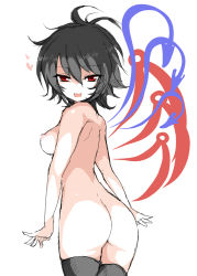 Rule 34 | 1girl, ass, asymmetrical wings, back, black hair, black thighhighs, breasts, from behind, heart, houjuu nue, looking at viewer, looking back, nipples, nude, red eyes, ririfu, short hair, simple background, sketch, small breasts, solo, thighhighs, touhou, white background, wings