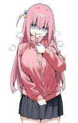 Rule 34 | 1girl, blue eyes, bocchi the rock!, breasts, clothes pull, commentary request, cube hair ornament, gotoh hitori, hair ornament, heavy breathing, highres, huge breasts, jacket, jacket pull, large breasts, long hair, one side up, pink hair, pink jacket, pleated skirt, shaded face, skirt, sky-freedom, solo, sweat, track jacket, wavy mouth