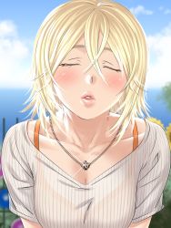 Rule 34 | 1girl, allison (summer lesson), black bra, blonde hair, blush, bra, breasts, cleavage, highres, incoming kiss, jewelry, long hair, necklace, parted lips, pov, see-through, short hair, small breasts, solo, summer lesson, taka-michi, underwear
