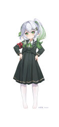 Rule 34 | 1girl, absurdres, alternate costume, armband, blush, braid, closed mouth, flower-shaped pupils, full body, gem, genshin impact, gradient hair, green eyes, green gemstone, green hair, green ribbon, grey hair, hair ornament, hairclip, hands on own hips, highres, multicolored hair, nahida (genshin impact), neck ribbon, no shoes, pantyhose, pointy ears, red armband, ribbon, school uniform, side ponytail, simple background, single braid, solo, standing, symbol-shaped pupils, white background, white pantyhose, yukiri (l ii)