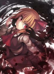 Rule 34 | 1girl, ascot, black skirt, black vest, blonde hair, collared shirt, darkness, frilled skirt, frills, hair ribbon, highres, janne cherry, long sleeves, looking at viewer, necktie, parted lips, red ascot, red eyes, red necktie, red ribbon, ribbon, rumia, shaded face, shirt, short hair, skirt, skirt set, solo, touhou, vest, white shirt, wide-eyed