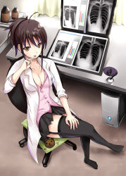Rule 34 | 1girl, ahoge, bear, black skirt, black thighhighs, blush, brand name imitation, breasts, brown hair, cleavage, crossed legs, drawing tablet, from above, garter straps, heart, highres, lab coat, licking, licking finger, medium breasts, miniskirt, monitor, no shoes, original, pleated skirt, sitting, skirt, sleeves pushed up, solo, stylus, thighhighs, wacom, x-ray, yuki mizore