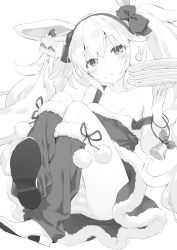 Rule 34 | 1girl, :t, animal ears, azur lane, bare shoulders, bell, blush, bow, breasts, cake, cake slice, closed mouth, commentary request, dress, earmuffs, eating, food, food on face, fork, fruit, fur-trimmed dress, fur-trimmed legwear, fur trim, greyscale, hair between eyes, hair bow, highres, holding, holding fork, holding plate, kani biimu, knees up, laffey (azur lane), long hair, monochrome, panties, plate, rabbit ears, shoe soles, shoes, simple background, sleeveless, sleeveless dress, small breasts, solo, strap slip, strawberry, striped clothes, striped panties, twintails, underwear, very long hair, white background