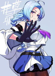 Rule 34 | 1girl, ahoge, arm at side, arm strap, assault lily, text background, bad id, bad twitter id, bare shoulders, belt, black belt, black gloves, blue background, blue hair, blue sailor collar, blue skirt, braid, braided ponytail, breasts, bright pupils, brown pantyhose, character name, commentary, cowboy shot, crop top, crop top overhang, detached sleeves, frilled skirt, frills, from side, gloves, grey background, hand up, highres, igusa subaru, large breasts, layered sleeves, long hair, long sleeves, looking at viewer, looking to the side, low ponytail, miniskirt, neckerchief, pantyhose, parted bangs, parted lips, pleated skirt, purple eyes, purple neckerchief, sailor collar, school uniform, serafuku, shirt, sideways glance, single braid, skirt, sleeveless, sleeveless shirt, solo, standing, translated, tsukinami kousuke, undershirt, up sleeve, very long hair, waist cape, white pupils, white shirt, wide sleeves
