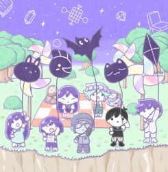 Rule 34 | 2girls, 5boys, absurdres, aubrey (headspace) (omori), aubrey (omori), barefoot, basil (headspace) (omori), basil (omori), black hair, blanket, blue shirt, blue skin, blush, bow, closed eyes, closed mouth, colored skin, expressionless, facing another, flower, goggles, green hair, hair bow, head wreath, hero (headspace) (omori), hero (omori), highres, kel (headspace) (omori), kel (omori), kite, kite flying, kite kid (omori), long hair, long sleeves, mari (headspace) (omori), mari (omori), multiple boys, multiple girls, omori, omori (omori), open mouth, outdoors, pajamas, parted lips, picnic basket, pink bow, pinwheel, purple hair, red skirt, scene reference, shirt, short hair, skirt, sky, smile, standing, tree, wafu (wafu39080), white skin