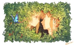 Rule 34 | 1boy, 1girl, blue butterfly, blue eyes, border, bug, butterfly, earrings, eye contact, highres, insect, jewelry, link, long hair, looking at another, nintendo, parted lips, princess zelda, profile, shikiri, smile, teeth, the legend of zelda, the legend of zelda: breath of the wild, white border
