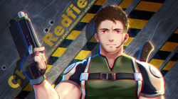 Rule 34 | 1boy, bara, biceps, brown hair, character name, chest harness, chris redfield, expressionless, facial hair, fingerless gloves, gloves, gun, hand up, harness, highres, holding, holding gun, holding weapon, looking at viewer, male focus, microphone, muscular, muscular male, pectorals, resident evil, resident evil 5, shirt, short hair, skin tight, solo, stubble, taut clothes, taut shirt, tight shirt, upper body, veins, weapon, yzpyn
