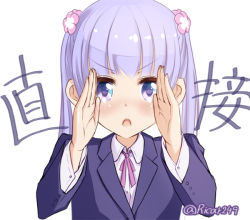 Rule 34 | 1girl, bad id, bad pixiv id, blush, dot nose, flower, formal, hair flower, hair ornament, hand up, iwata satoru, long hair, long sleeves, looking at viewer, neck ribbon, new game!, nintendo, open hands, open mouth, parody, purple eyes, purple hair, ribbon, ricar, simple background, solo, suit, suzukaze aoba, translated, twintails, twitter username, white background