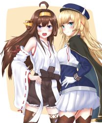 Rule 34 | 2girls, ahoge, ascot, azur lane, beret, black legwear, black skirt, blonde hair, blue eyes, blue hat, boots, braid, breasts, brown hair, cape, collarbone, crossover, detached sleeves, double bun, fake horns, gloves, gold trim, hair bun, hairband, hand on own hip, hat, headgear, highres, historical name connection, horns, jacket, japanese clothes, kantai collection, kongou (azur lane), kongou (kancolle), long hair, long sleeves, looking at viewer, medium breasts, military, military uniform, multiple girls, name connection, nontraditional miko, ribbon-trimmed sleeves, ribbon trim, shirt, simple background, skirt, smile, tan (kiriya0752), thigh boots, thighhighs, uniform, white gloves, white shirt, white skirt