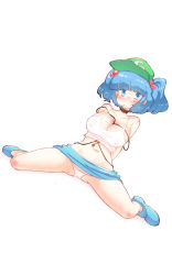 Rule 34 | 1girl, ass, bad id, bad pixiv id, bare legs, bare shoulders, belt, belt around neck, between breasts, blue eyes, blue footwear, blue hair, blue skirt, blunt bangs, blush, breasts, clothes lift, collar, collarbone, covered erect nipples, green hat, groin, hair bobbles, hair ornament, hat, highres, kawashiro nitori, key, miniskirt, mouth hold, navel, non (z-art), o-ring, panties, shirt, short hair, simple background, sitting, skirt, skirt lift, solo, spread legs, tank top, thighs, touhou, two side up, underwear, upskirt, white background, white panties, white shirt
