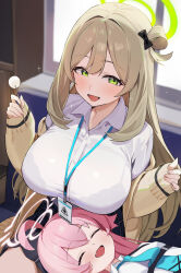 Rule 34 | 2girls, absurdres, ahoge, black skirt, blue archive, blue necktie, blush, breasts, closed eyes, collared shirt, fang, green eyes, green halo, hair between eyes, halo, highres, hoshino (blue archive), jacket, large breasts, light brown hair, loloco, long hair, long sleeves, mimikaki, multiple girls, necktie, nonomi (blue archive), open clothes, open jacket, open mouth, pink hair, pink halo, pleated skirt, shirt, skirt, small breasts, smile, white shirt, yellow jacket