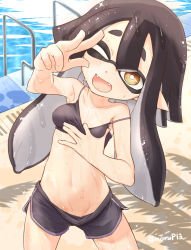 Rule 34 | 1girl, bikini, bikini under clothes, black bikini, black hair, black shorts, breasts, bright pupils, brown eyes, dolphin shorts, fangs, female focus, foreshortening, groin, head tilt, highres, inkling, inkling girl, inkling player character, kikai (akita morgue), leaning to the side, looking at viewer, navel, nintendo, one eye closed, outdoors, pointy ears, pool ladder, poolside, shorts, small breasts, solo, splatoon (series), strap slip, swimsuit, tentacle hair, water, wet, white pupils
