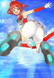 Rule 34 | 1girl, ass, bare shoulders, bike shorts, blush, boots, breasts, elbow gloves, from behind, from below, gloves, hat, highres, isshiki akane, looking at viewer, open mouth, red hair, short hair, short twintails, skirt, sky, smile, twintails, upskirt, vividred operation, yellow eyes