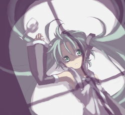 Rule 34 | 1girl, arm up, collared shirt, cup, detached sleeves, drinking glass, frills, green eyes, grey shirt, hair between eyes, hair ornament, hatsune miku, headphones, kuro (kuroneko no kanzume), long hair, looking at viewer, lying, necktie, on back, open mouth, shade, shirt, solo, twintails, upper body, vocaloid, window shadow, wine glass