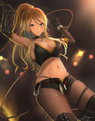 Rule 34 | 1girl, animal print, armpits, arms up, belt, black choker, black footwear, black gloves, black pantyhose, blonde hair, blue eyes, blush, boots, breasts, choker, cleavage, collarbone, crop top, cross-laced footwear, earrings, elbow gloves, fishnets, gloves, hair between eyes, high ponytail, highres, holding, holding whip, idolmaster, idolmaster shiny colors, izumi mei, jewelry, large breasts, long hair, looking at viewer, navel, necklace, open belt, open fly, orange panties, panties, panty peek, pantyhose, shogun (a96040021), shorts, signature, skindentation, sleeveless, smile, solo, spotlight, thigh boots, thigh strap, thighhighs, underwear, whip