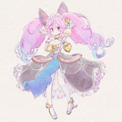 Rule 34 | 1girl, bell, belt, big hair, black footwear, blue hair, cleo (dragalia lost), detached sleeves, dragalia lost, full body, hair bell, hair ornament, highres, holding, holding wand, long hair, looking at viewer, multicolored hair, pink eyes, pink hair, solo, thighhighs, twintails, very long hair, wand, youkaishain