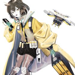 Rule 34 | 1girl, arknights, black shorts, brown hair, coat, drone, feather hair, feet out of frame, glasses, gloves, green gloves, headphones, headphones around neck, highres, holding, long sleeves, mugioec, official alternate costume, open mouth, quadcopter, see-through, see-through legwear, short hair, shorts, silence (arknights), silence (lacquer) (arknights), simple background, solo, unmanned aerial vehicle, white background, yellow coat, yellow eyes