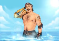 Rule 34 | 1boy, apex legends, bara, belt, brown hair, chest hair, closed eyes, facial hair, fingerless gloves, fuse (apex legends), galehowl, gloves, jewelry, male focus, mature male, mechanical arms, multicolored hair, mustache, necklace, ocean, one eye covered, shoulder tattoo, single mechanical arm, solo, tattoo, white hair