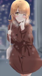 Rule 34 | 1girl, ;d, bag, blurry, blurry background, blush, brown coat, brown hair, closed mouth, coat, cowboy shot, dars (recolors), handbag, highres, index finger raised, isshiki iroha, long hair, long sleeves, looking at viewer, night, one eye closed, open mouth, outdoors, smile, snowing, solo, standing, straight hair, winter, winter clothes, winter coat, yahari ore no seishun lovecome wa machigatteiru., yellow eyes