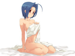 Rule 34 | 1girl, ahoge, arm support, barefoot, bed sheet, blue hair, blush, breasts, covering privates, covering breasts, full body, idolmaster, idolmaster (classic), maitake (loose), medium breasts, miura azusa, naked sheet, navel, red eyes, seiza, short hair, simple background, sitting, solo, white background