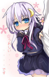 Rule 34 | 10s, 1girl, blue eyes, blush, clothes grab, crescent, crescent hair ornament, gradient background, hair ornament, holding own arm, kantai collection, long hair, long sleeves, oshiruko (uminekotei), pout, purple hair, ribbon, school uniform, serafuku, skirt, translation request, yayoi (kancolle)