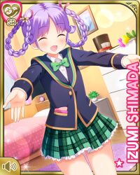 Rule 34 | 1girl, :d, bed, bedroom, bow, braid, character name, closed eyes, day, flower, girlfriend (kari), green bow, hair flower, hair ornament, holding, indoors, looking at viewer, official art, open mouth, plaid, plaid skirt, purple eyes, purple hair, qp:flapper, school uniform, shimada izumi, skirt, smile, solo