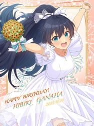 Rule 34 | 1girl, :d, \o/, antenna hair, aqua eyes, aqua nails, arms up, black hair, bouquet, collarbone, commentary request, dated, dress, earrings, eyelashes, fang, flower, ganaha hibiki, hair ribbon, happy, happy birthday, high ponytail, highres, holding, holding bouquet, idolmaster, idolmaster (classic), idolmaster million live!, idolmaster million live! theater days, jewelry, lace, lace-trimmed dress, lace-trimmed sleeves, lace trim, light blush, long hair, looking at viewer, necklace, open mouth, outstretched arms, ribbon, shiro (ongrokm), short sleeves, smile, solo, very long hair, white dress, white ribbon, wide ponytail, wide sleeves, wristband