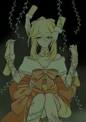 Rule 34 | 1girl, aku no musume (vocaloid), alternate hair length, alternate hairstyle, bare shoulders, blonde hair, bow, bracelet, breasts, choker, cleavage, detached collar, disembodied limb, dress, dress bow, evillious nendaiki, frilled dress, frills, green eyes, half-closed eyes, hand on another&#039;s face, hand on another&#039;s leg, highres, holding another&#039;s wrist, interlocked fingers, jewelry, kagamine rin, medium breasts, off-shoulder dress, off shoulder, orange bow, orange ribbon, parted lips, plant, ribbon, riliane lucifen d&#039;autriche, rorinale1, sidelocks, single bare arm, vines, vocaloid, yellow choker, yellow dress