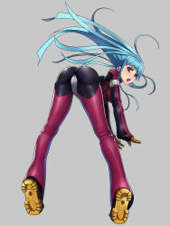 Rule 34 | 1girl, ass, blue hair, don (rg06268), full body, gloves, grey background, highres, kula diamond, long hair, looking at viewer, looking back, red eyes, simple background, snk, solo, the king of fighters, the king of fighters xiv