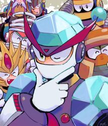 Rule 34 | 1278mkyp, 6+boys, burst man, cloud man, colored sclera, commentary request, covered mouth, everyone, freeze man, green eyes, hand on own face, helmet, highres, junk man, looking at viewer, male focus, mega man (classic), mega man (series), mega man 7, multiple boys, no mouth, one eye closed, red sclera, robot, shade man, slash man, spring man, turbo man, upper body