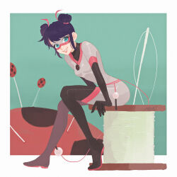 Rule 34 | 1girl, absurdres, blue background, blue eyes, blue hair, bodysuit, bug, double bun, grey bodysuit, grey mask, hair bun, highres, insect, ladybug, looking at viewer, marinette dupain-cheng, miraculous ladybug, multimouse (character), sitting, smile, solo, spool, superhero costume, user pces8542
