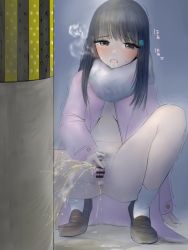 Rule 34 | 1girl, arm support, bar censor, black eyes, black hair, bottomless, breasts, breath, brown footwear, censored, drooling, hair ornament, jacket, long hair, long sleeves, navel, night, open clothes, open jacket, open mouth, peeing, peeing on pole, pink jacket, pole, pubic hair, puddle, pussy, shoes, socks, sparkle, spread pussy, squatting, steam, sweat, tempura dozaemon, trembling, white legwear