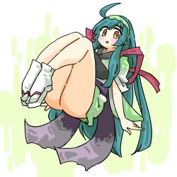 Rule 34 | 1girl, :o, ahoge, arms at sides, bare legs, blush, commentary request, floating, full body, green background, green hair, green hairband, green kimono, grey sash, hairband, highres, japanese clothes, kimono, knees up, legs together, long hair, looking at viewer, muneate, no panties, okobo, sandals, seki (red shine), short kimono, sidelocks, simple background, sleeves pushed up, solo, tabi, tasuki, thick thighs, thighs, touhoku zunko, two-tone background, voiceroid, white background, yellow eyes